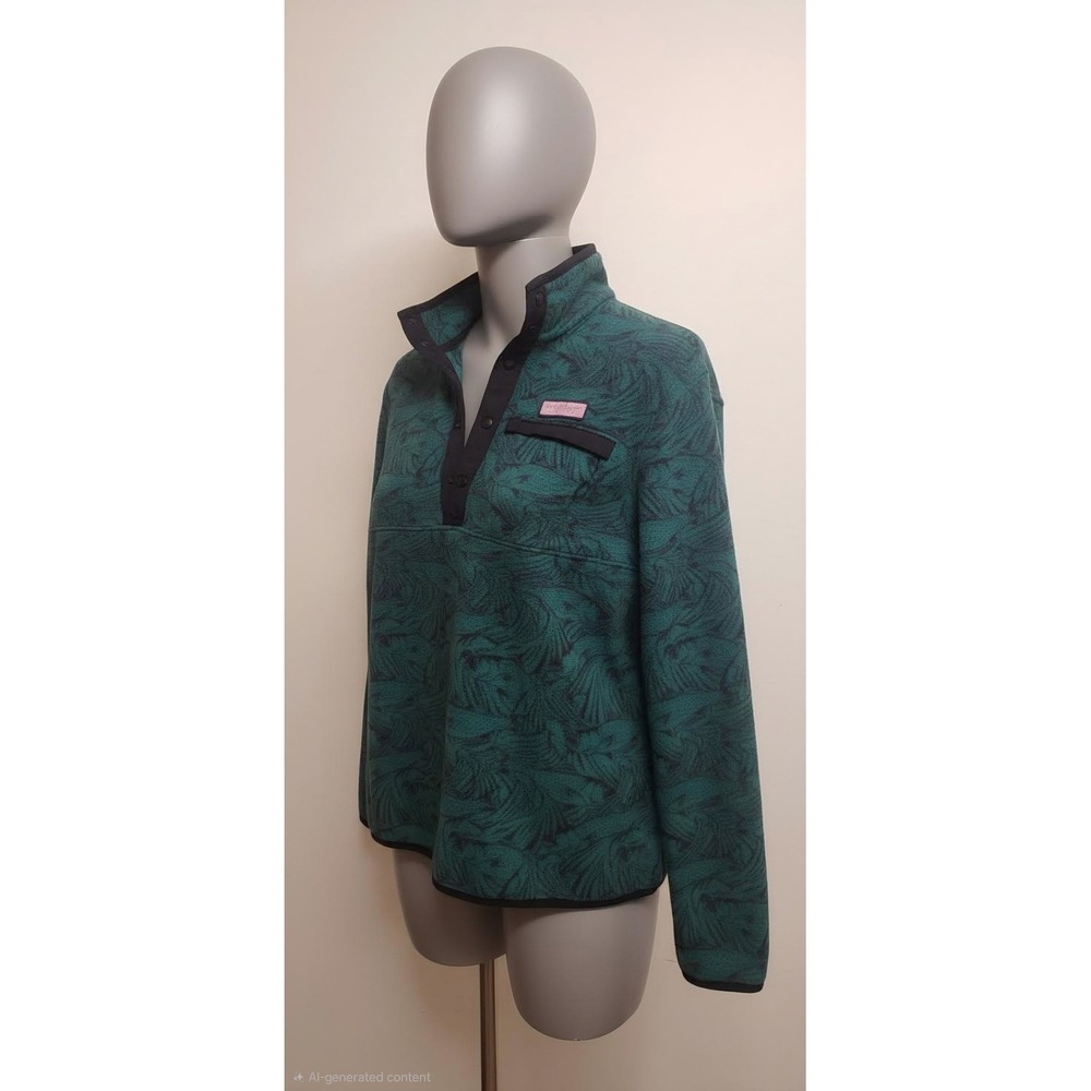 Vineyard‎ Vines Pullover Fleece Palm Print Green Mens Medium Snap Button